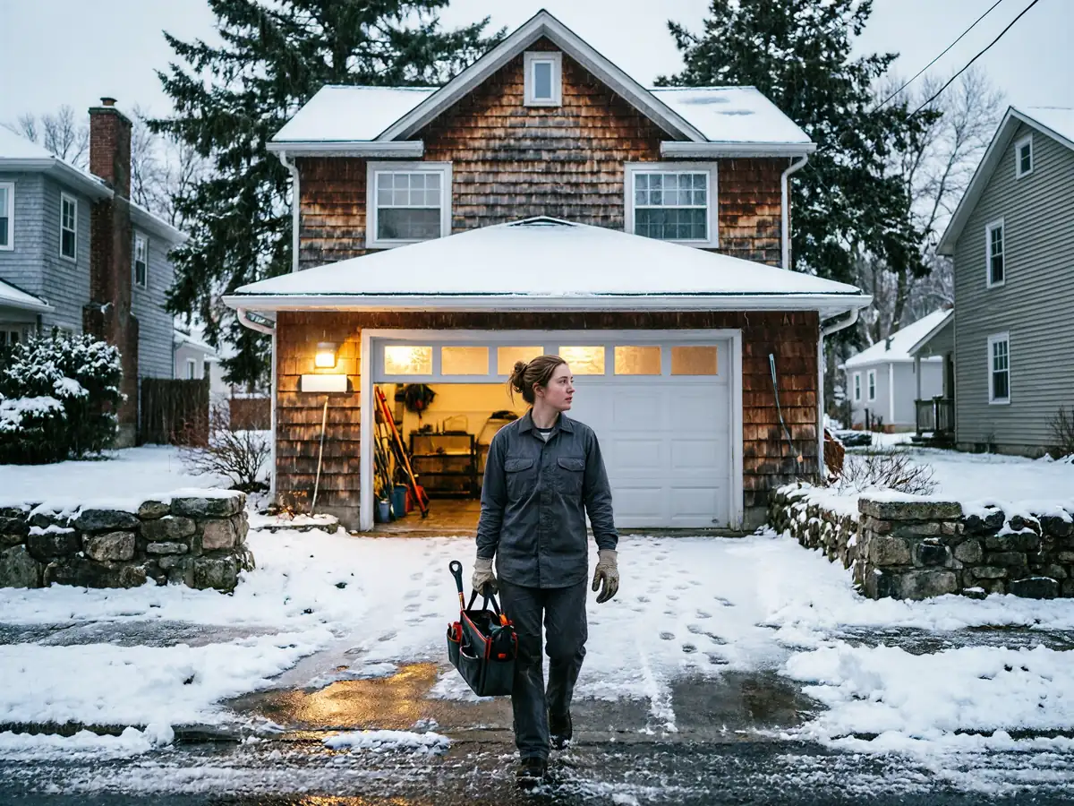 A technician walks away from a garage with an open door on a snowy day.