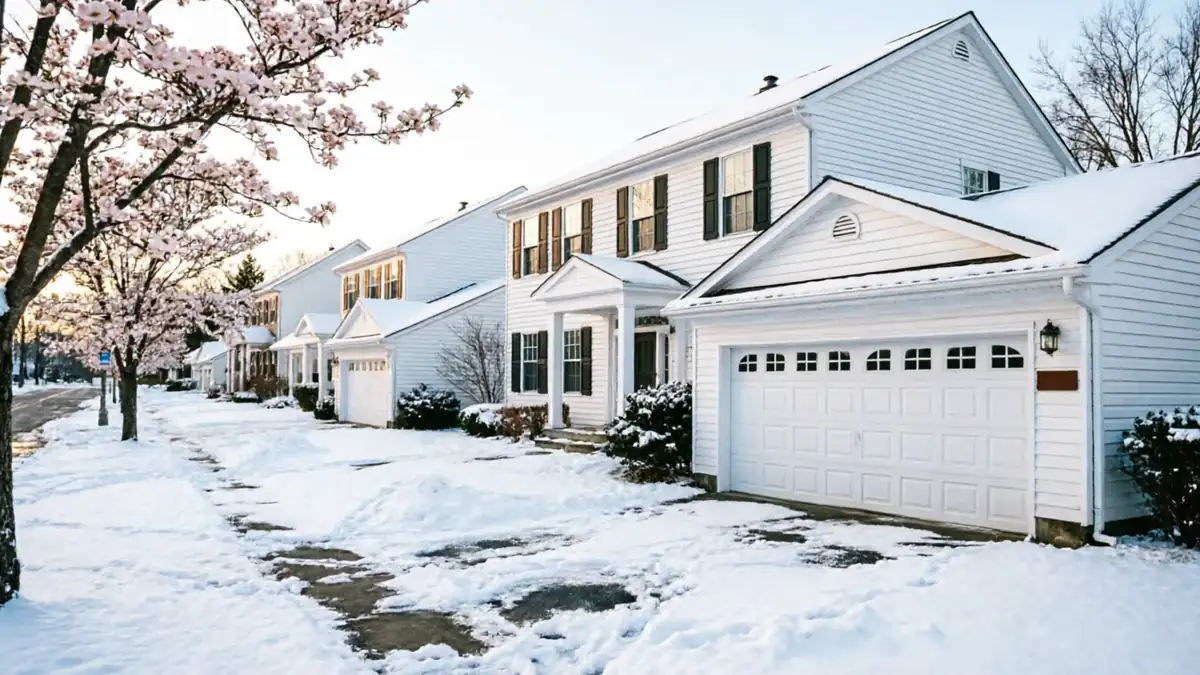 A row of white houses with white garage doors are covered in snow.
