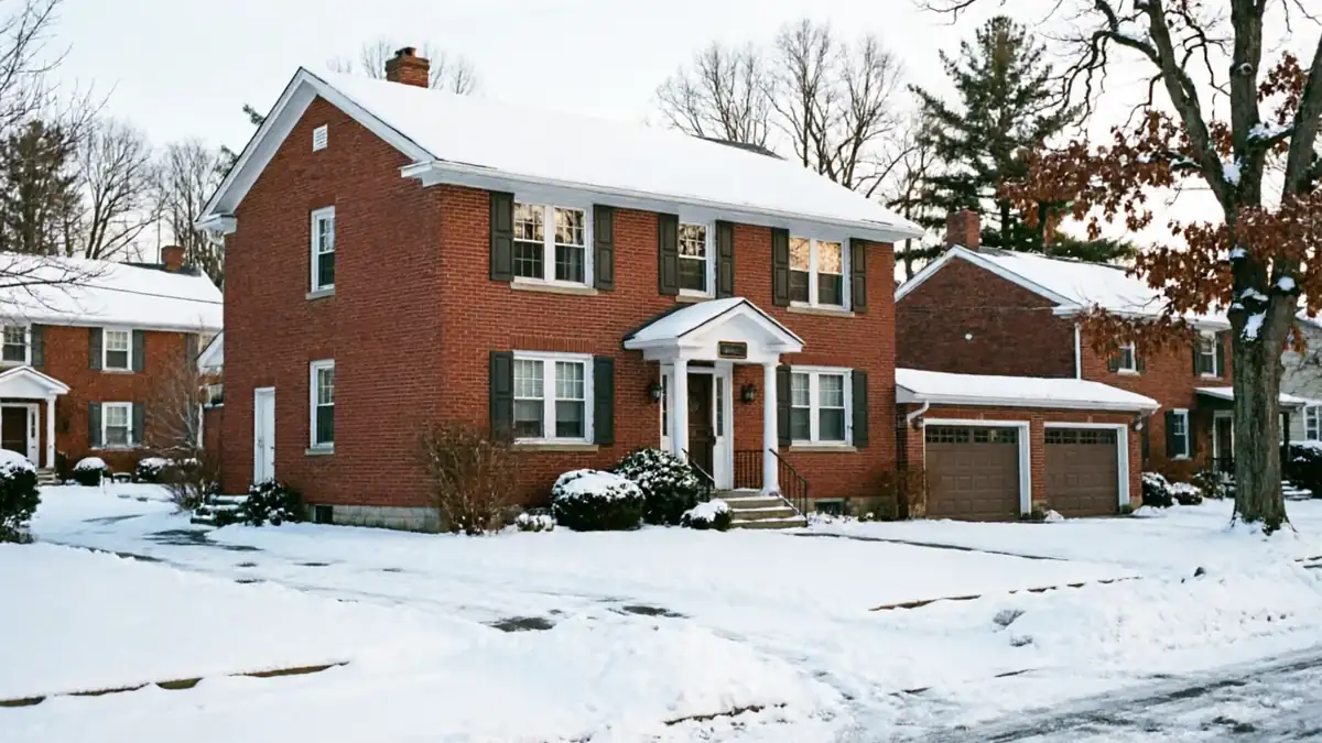 A red brick house with a two-car garage is covered in snow.