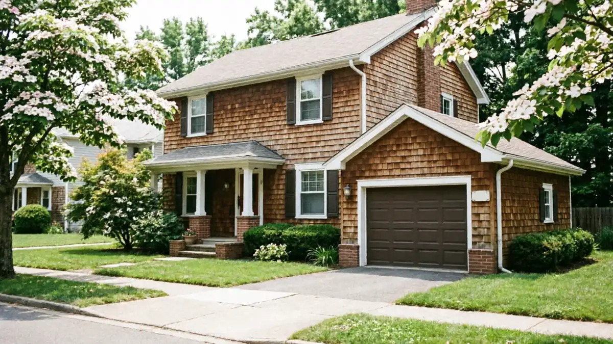 A brown garage door is on a cedar-shingled house with white flowering trees.