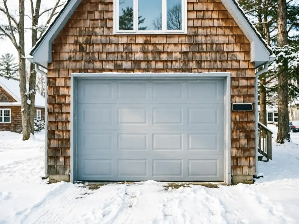 A light gray garage door is on a cedar-shingled garage in the snow.