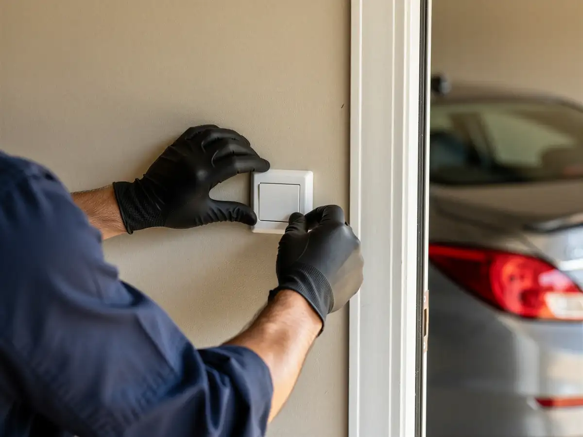A technician in black gloves installs a white light switch on a beige wall.