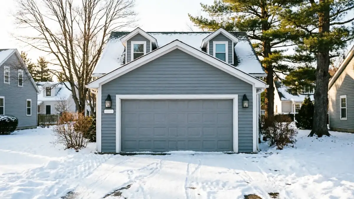 A gray garage door on a blue house with snow on the ground and roof.