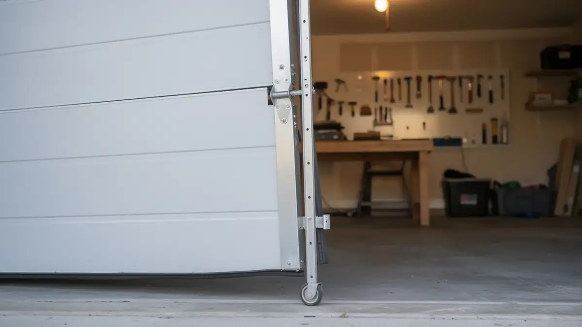 The white garage door is slightly open, showing a roller and the garage interior.