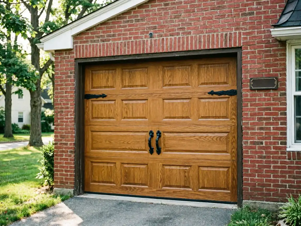 A brown paneled garage door with decorative black hardware is set in a red brick wall.